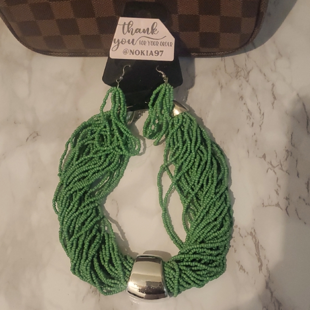 Green Beaded Necklace and Earring Set